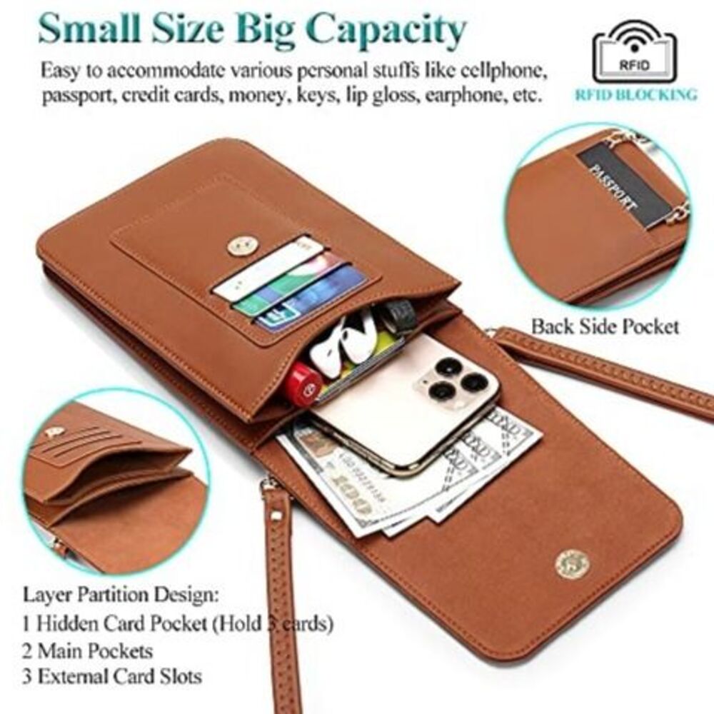 Women's Vegan Leather Carmel Brown Cell Phone Crossbody Bag With RIFD Protection - Picture 3 of 6